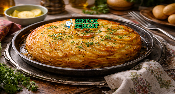 Pommes Anna khas Prancis dengan lapisan kentang tipis keemasan, renyah di pinggir dan lembut di tengah, disajikan seperti pai di piring putih