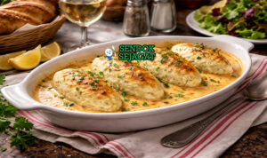 Quenelles de brochet khas Lyon dengan pangsit ikan pike oval lembut disiram saus krim, disajikan elegan di piring putih