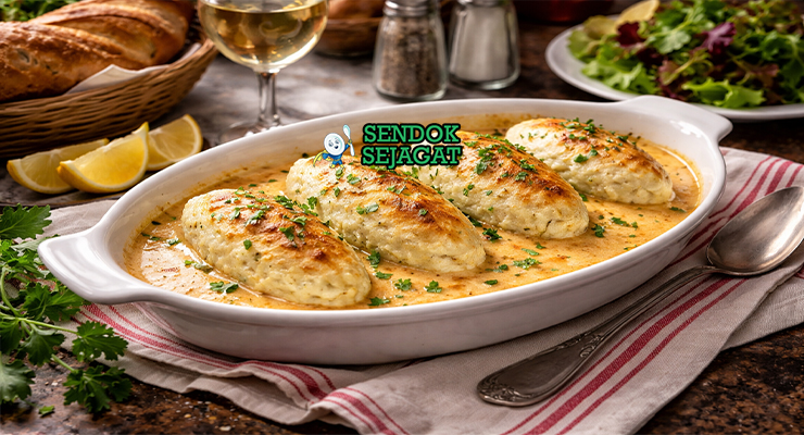 Quenelles de brochet khas Lyon dengan pangsit ikan pike oval lembut disiram saus krim, disajikan elegan di piring putih