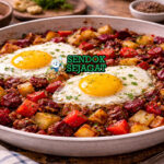 Hidangan red flannel hash New England autentik dengan warna merah cerah dari bit, kentang kriuk keemasan, corned beef gurih dan taburan parsley di wajan besi yang menggugah selera