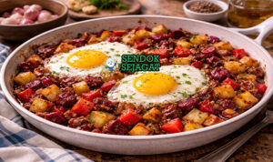 Hidangan red flannel hash New England autentik dengan warna merah cerah dari bit, kentang kriuk keemasan, corned beef gurih dan taburan parsley di wajan besi yang menggugah selera