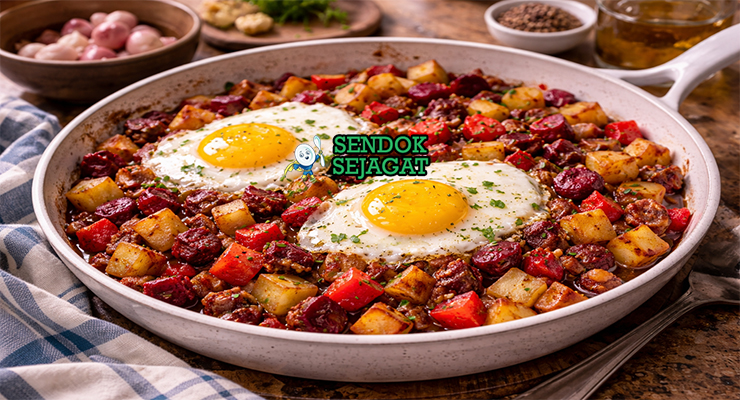 Hidangan red flannel hash New England autentik dengan warna merah cerah dari bit, kentang kriuk keemasan, corned beef gurih dan taburan parsley di wajan besi yang menggugah selera