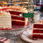 Irisan red velvet cake Amerika autentik dengan warna merah cerah lembut, lapisan frosting cream cheese putih tebal, dan serpihan halus di piring putih yang menggoda selera