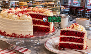 Irisan red velvet cake Amerika autentik dengan warna merah cerah lembut, lapisan frosting cream cheese putih tebal, dan serpihan halus di piring putih yang menggoda selera