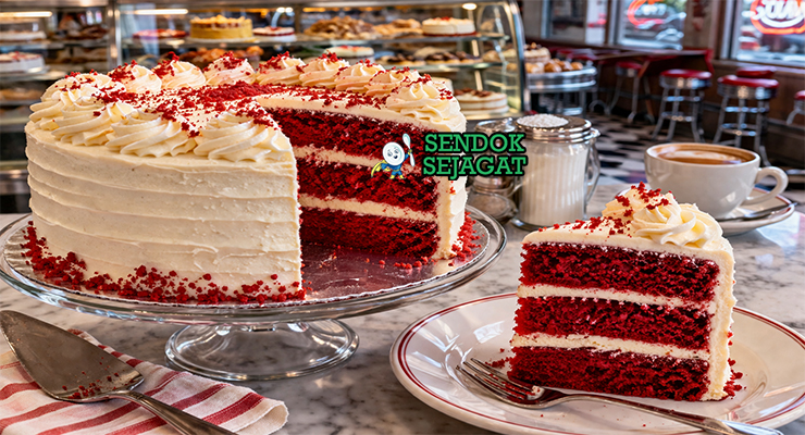 Irisan red velvet cake Amerika autentik dengan warna merah cerah lembut, lapisan frosting cream cheese putih tebal, dan serpihan halus di piring putih yang menggoda selera
