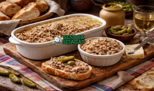 Rillettes du Mans khas Prancis dengan paté daging babi lembut bertekstur serat halus, disajikan di toples dengan roti baguette dan cornichon