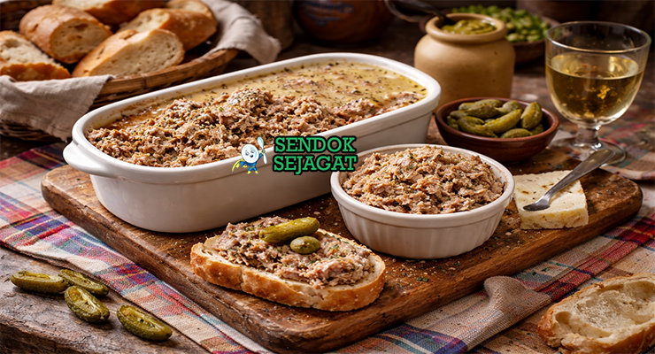 Rillettes du Mans khas Prancis dengan paté daging babi lembut bertekstur serat halus, disajikan di toples dengan roti baguette dan cornichon