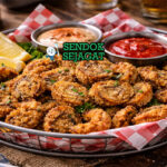 Hidangan rocky mountain oysters Amerika autentik dengan potongan daging goreng kriuk keemasan, disajikan hangat di piring dengan saus ranch dan irisan lemon yang menggugah selera