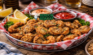 Hidangan rocky mountain oysters Amerika autentik dengan potongan daging goreng kriuk keemasan, disajikan hangat di piring dengan saus ranch dan irisan lemon yang menggugah selera