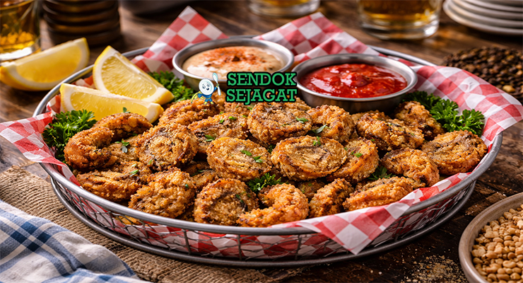 Hidangan rocky mountain oysters Amerika autentik dengan potongan daging goreng kriuk keemasan, disajikan hangat di piring dengan saus ranch dan irisan lemon yang menggugah selera