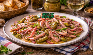 Salade de Museau Siap Sajian dengan Roti Baguette Salade de museau khas Prancis dengan irisan tipis hidung sapi segar dicampur bawang merah, peterseli, dan vinaigrette, disajikan dingin di piring putih