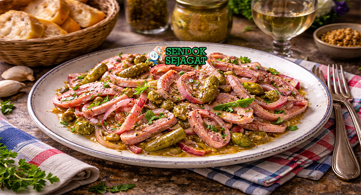 Salade de museau khas Prancis dengan irisan tipis hidung sapi segar dicampur bawang merah, peterseli, dan vinaigrette, disajikan dingin di piring putih