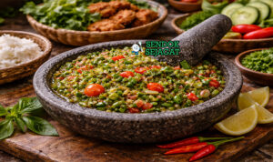 Sambal cibiuk khas Garut dengan cabai merah, bawang, dan terasi yang dihaluskan kasar, disajikan di cobek bersama nasi putih dan ikan goreng