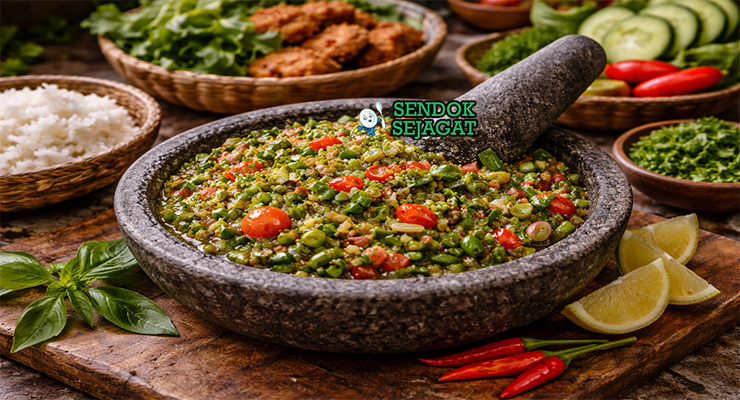 Sambal cibiuk khas Garut dengan cabai merah, bawang, dan terasi yang dihaluskan kasar, disajikan di cobek bersama nasi putih dan ikan goreng