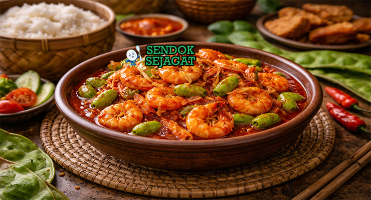 Sambal goreng udang petai khas Cirebon dengan udang empuk dan petai harum dibalut sambal pedas manis, disajikan hangat di piring bersama nasi putih