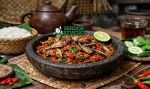 Sambal teri peda khas Jawa Barat dengan teri renyah dan suwiran peda berbalut sambal merah pedas manis, disajikan hangat di mangkuk bersama nasi putih