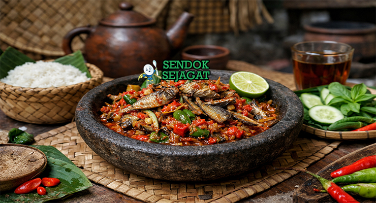 Sambal teri peda khas Jawa Barat dengan teri renyah dan suwiran peda berbalut sambal merah pedas manis, disajikan hangat di mangkuk bersama nasi putih