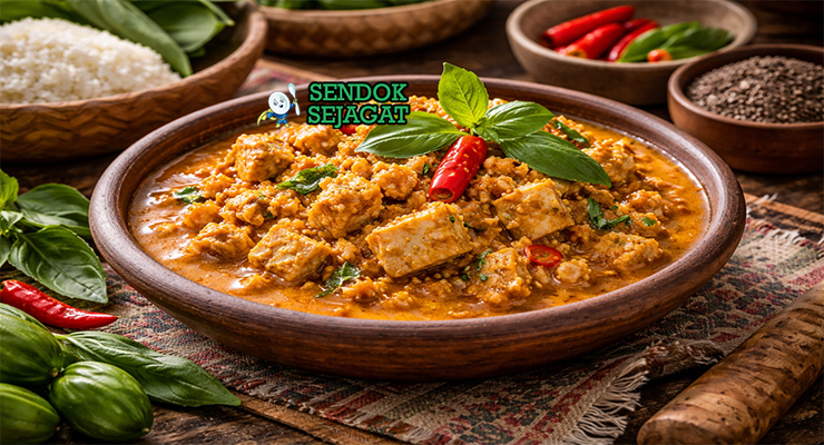 Sambal tumpang khas Jawa Tengah dengan tempe hancur berbalut sambal merah pedas manis, disajikan hangat di mangkuk bersama nasi putih