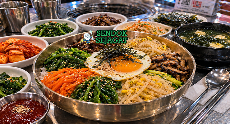 Mangkuk sanchae bibimbap khas Korea dengan nasi hangat, aneka sayuran gunung seperti bayam dan gosari, telur mata sapi, dan saus gochujang merah menggoda