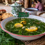 Sayur bening kelor khas Banyuwangi dengan kuah jernih, daun kelor hijau segar, potongan jagung, wortel, dan kentang disajikan di mangkuk putih