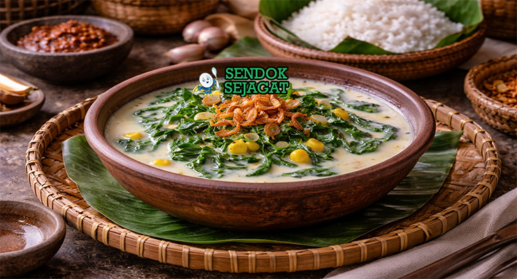 Sayur bobor bayam khas Jawa Tengah dengan bayam hijau segar dalam kuah santan gurih, disajikan hangat di mangkuk bersama nasi putih