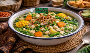 Sayur Sop Bening Khas Solo Siap Sajian Hangat Sayur sop bening khas Solo dengan kuah jernih, potongan daging, wortel, kentang, buncis, dan kol disajikan di mangkuk putih dengan bawang goreng tabur