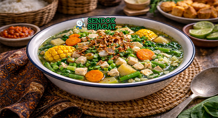 Sayur sop bening khas Solo dengan kuah jernih, potongan daging, wortel, kentang, buncis, dan kol disajikan di mangkuk putih dengan bawang goreng tabur