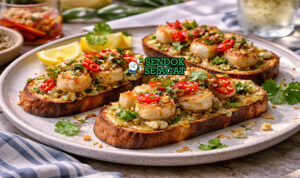 Scallop toast with pickled chilli khas Australia dengan roti panggang renyah, scallop juicy, dan pickled chilli pedas asam, disajikan hangat di piring putih