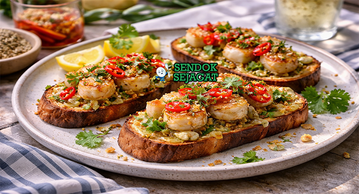 Scallop toast with pickled chilli khas Australia dengan roti panggang renyah, scallop juicy, dan pickled chilli pedas asam, disajikan hangat di piring putih