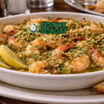 Mangkuk shrimp de jonghe khas Chicago dengan udang juicy diselimuti mentega bawang putih dan topping breadcrumb renyah keemasan, siap disajikan hangat