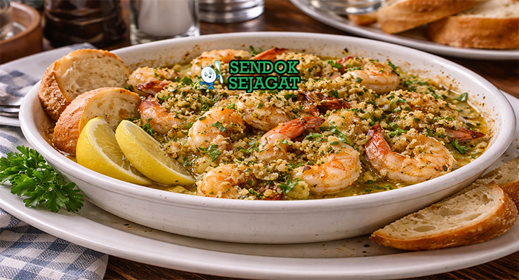 Mangkuk shrimp de jonghe khas Chicago dengan udang juicy diselimuti mentega bawang putih dan topping breadcrumb renyah keemasan, siap disajikan hangat