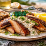 Smoked eel with horseradish khas Australia dengan fillet ikan sidat asap lembut disiram saus horseradish creamy pedas, dihias peterseli dan lemon, disajikan elegan di piring putih