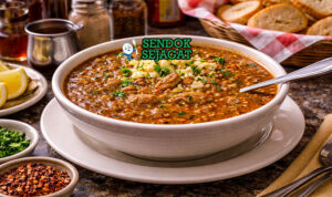 Snapper soup Philadelphia disajikan hangat dalam mangkuk keramik dengan kuah kental kecokelatan, potongan daging empuk, dan taburan peterseli segar