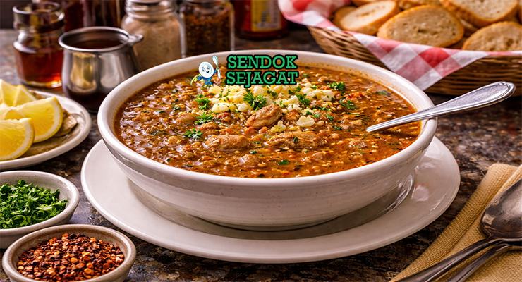 Snapper soup Philadelphia disajikan hangat dalam mangkuk keramik dengan kuah kental kecokelatan, potongan daging empuk, dan taburan peterseli segar