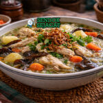 Sop ayam bening khas Solo dengan kuah jernih, potongan ayam empuk, wortel, kentang, soun kenyal, dan jamur kuping disajikan di mangkuk putih dengan bawang goreng tabur