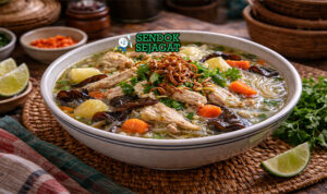 Sop Ayam Bening Khas Solo Siap Sajian Hangat Sop ayam bening khas Solo dengan kuah jernih, potongan ayam empuk, wortel, kentang, soun kenyal, dan jamur kuping disajikan di mangkuk putih dengan bawang goreng tabur