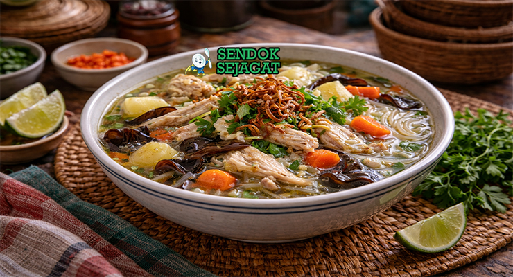 Sop ayam bening khas Solo dengan kuah jernih, potongan ayam empuk, wortel, kentang, soun kenyal, dan jamur kuping disajikan di mangkuk putih dengan bawang goreng tabur