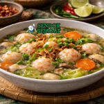 Sop bola udang khas Semarang dengan kuah bening, bola udang kenyal, wortel, bihun, dan taburan bawang goreng disajikan di mangkuk putih