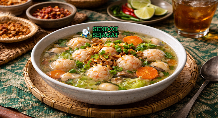 Sop bola udang khas Semarang dengan kuah bening, bola udang kenyal, wortel, bihun, dan taburan bawang goreng disajikan di mangkuk putih