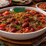 Sop kacang merah khas Manado dengan kuah kental berwarna oranye, kacang merah lembut, iga sapi empuk, dan taburan daun bawang disajikan di mangkuk putih