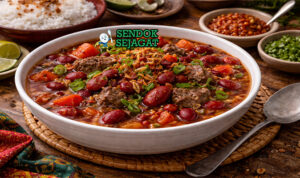 Sop kacang merah khas Manado dengan kuah kental berwarna oranye, kacang merah lembut, iga sapi empuk, dan taburan daun bawang disajikan di mangkuk putih