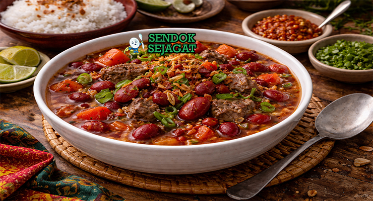 Sop kacang merah khas Manado dengan kuah kental berwarna oranye, kacang merah lembut, iga sapi empuk, dan taburan daun bawang disajikan di mangkuk putih