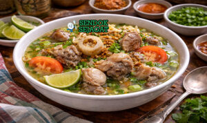 Sop kaki kambing bening khas Betawi dengan kuah jernih, potongan kaki kambing empuk, wortel, kentang, soun, dan rempah disajikan di mangkuk putih dengan bawang goreng tabur