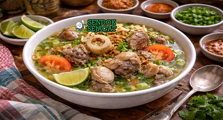 Sop kaki kambing bening khas Betawi dengan kuah jernih, potongan kaki kambing empuk, wortel, kentang, soun, dan rempah disajikan di mangkuk putih dengan bawang goreng tabur