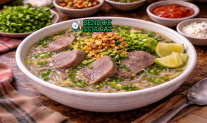 Sop lidah sapi khas Makassar dengan kuah bening, potongan lidah sapi empuk, bihun, dan taburan bawang goreng disajikan di mangkuk putih