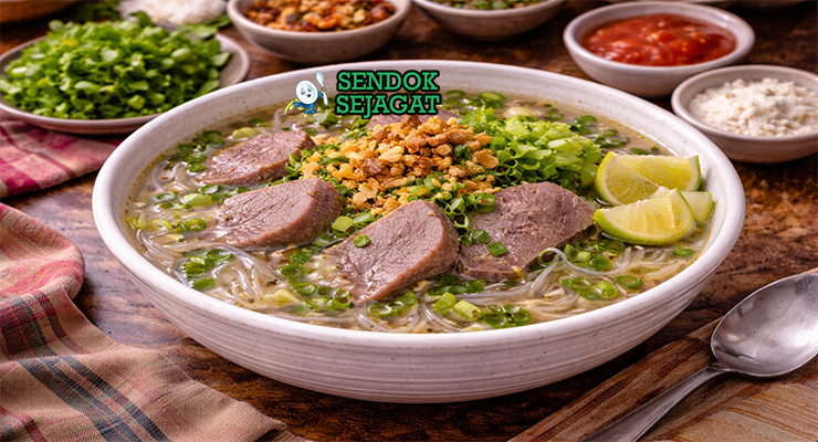 Sop lidah sapi khas Makassar dengan kuah bening, potongan lidah sapi empuk, bihun, dan taburan bawang goreng disajikan di mangkuk putih