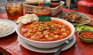 Sop merah khas Surabaya dengan kuah merah cerah, potongan ayam empuk, sosis iris, wortel, dan makaroni disajikan di mangkuk putih dengan bawang goreng tabur