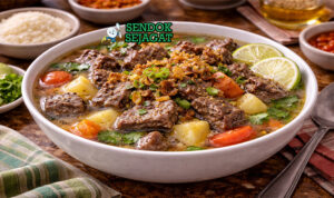 Sop Paru Sapi Khas Sulawesi Selatan Siap Sajian Hangat Mangkuk sop paru sapi khas Sulawesi Selatan dengan kuah bening kecokelatan, taburan bawang goreng dan daun bawang, disajikan hangat di meja makan