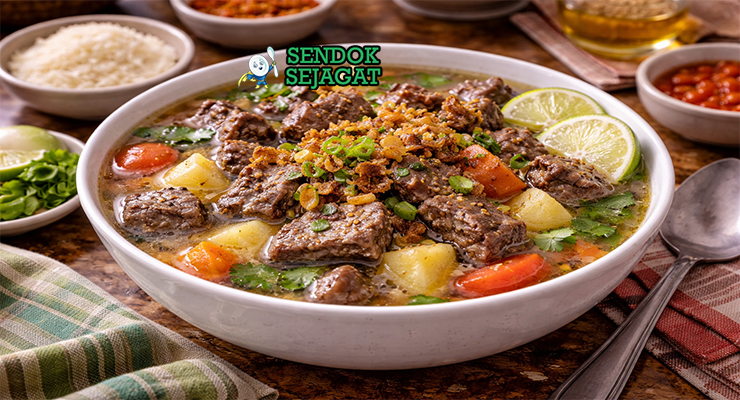 Mangkuk sop paru sapi khas Sulawesi Selatan dengan kuah bening kecokelatan, taburan bawang goreng dan daun bawang, disajikan hangat di meja makan