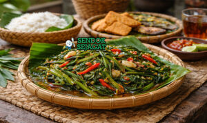 Stir-fried water spinach khas Asia Tenggara dengan kangkung hijau renyah dibalut bumbu cabai dan terasi, disajikan hangat di piring